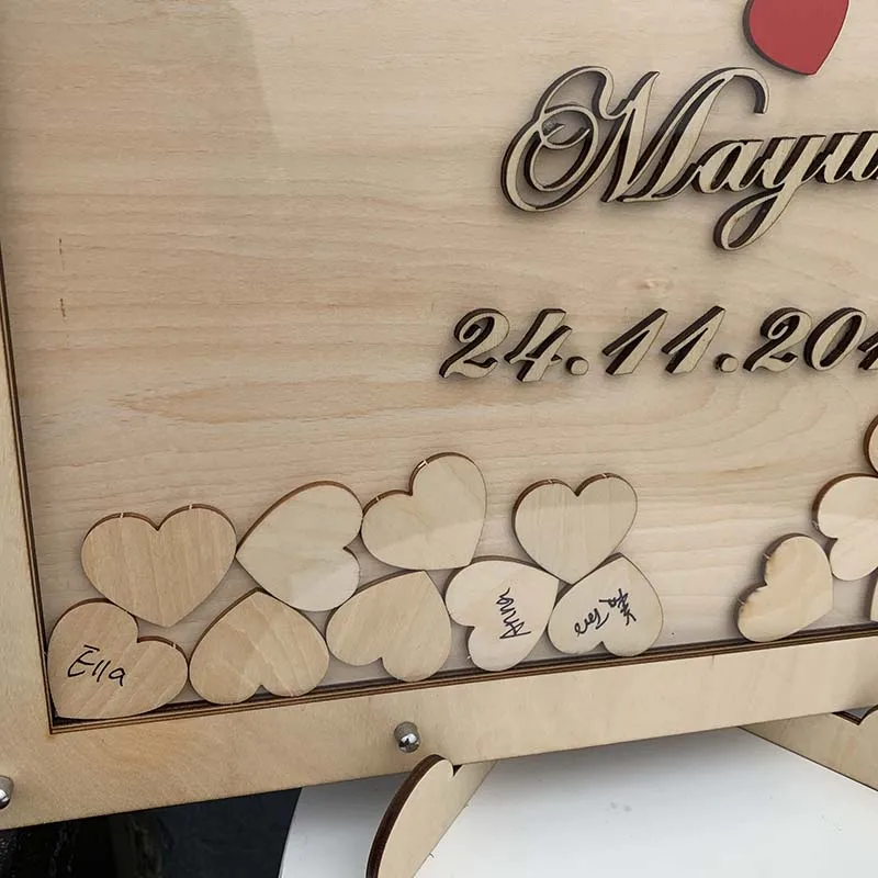 Wooden Wedding Wood Frame Heart Guestbook Wedding Decoration Memorial Guest Frame Heart Guestbook 120pcs Small Wood Hearts