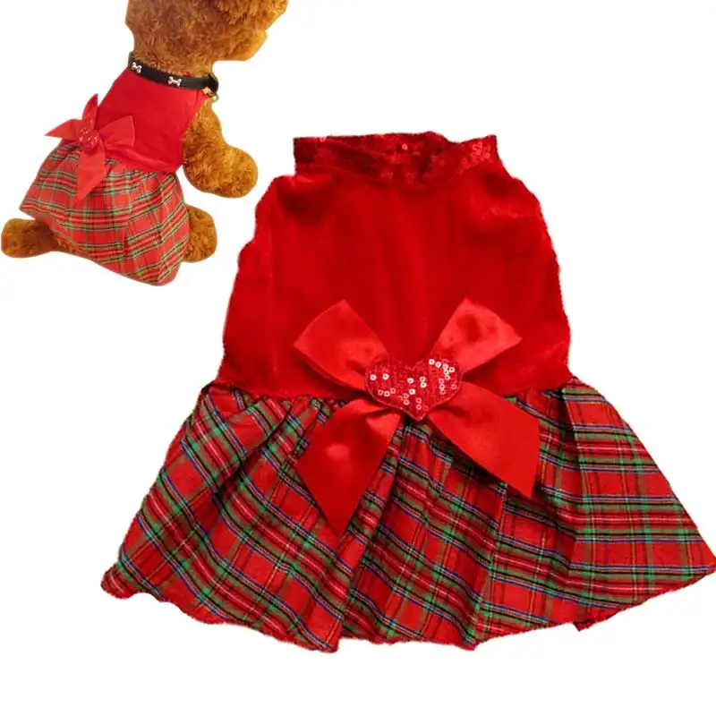 Lovely Puppy Plaid Bow Apparel Red Dress Clothes Pet Dog Skirt for