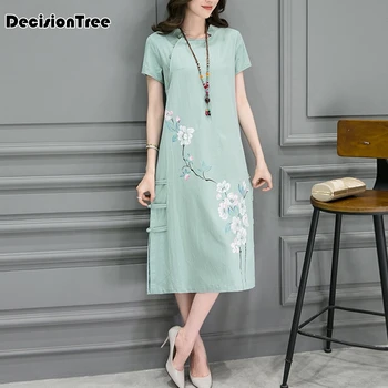 

2020 summer casual women chinese style floral printing dress cheongsam elegant loose lady cotton linen short sleeve qipao dress