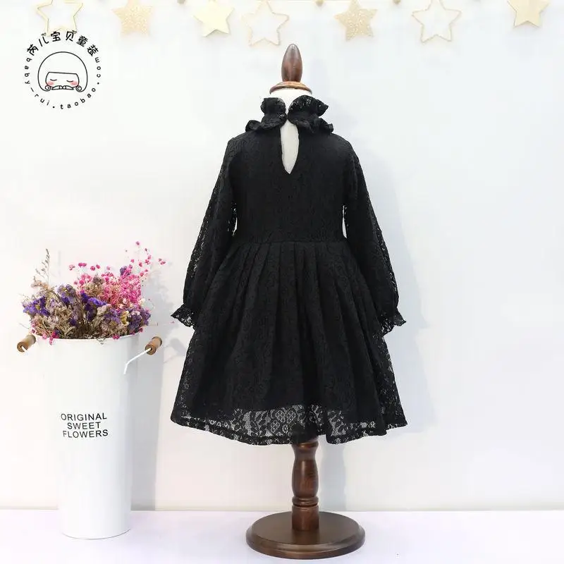 Зимнее платье для девочек кружева цветочные Винтаж Детские платья теплый толстый черные, бежевые бальный наряд принцессы детская одежда