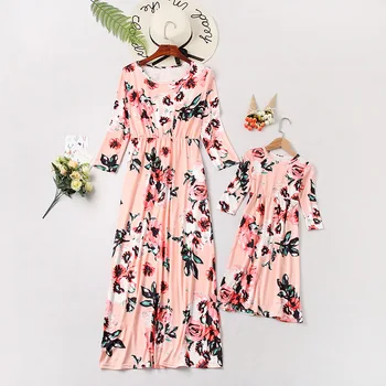 

2019 Spring Autumn Famliy Adult Floral Dress Cute Girls long sleeved Dress Mommy Me Flower Printed Clothes