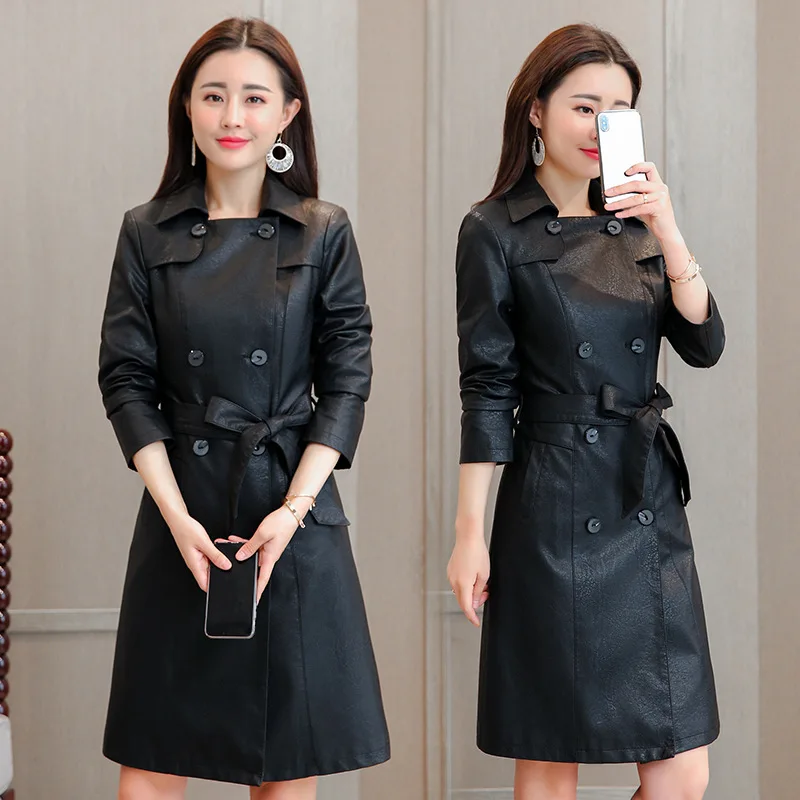 2019 Noir Mince Femmes Breasted Élégante Ceinture Vestes Manteau Dames Lxunyi Mode En Automne Tranchée Plus La Cuir Longue Double Taille dn80qH