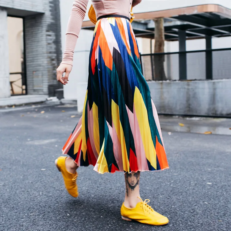 

2019 Summer Cartoon Casual Elascit Waist Skirts Women Geomtric Pleated High Waist Skirts Colors
