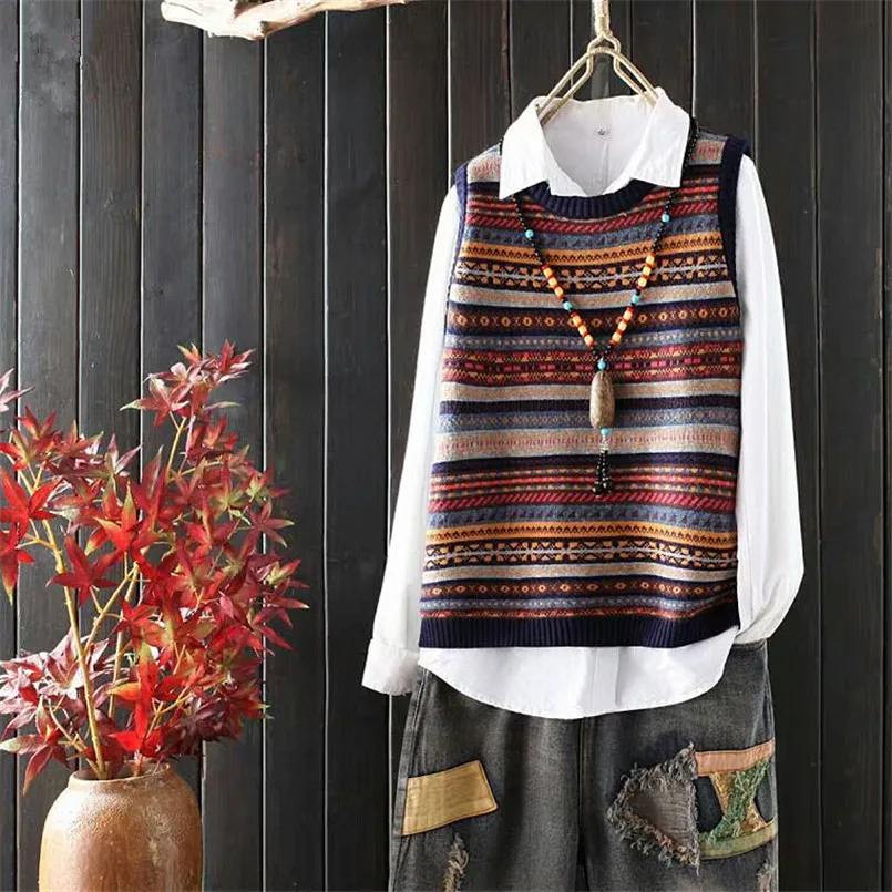 Jacquard Striped Knit Sweater Vest Sleeveless Vintage Sweater Pullovers Waistcoats Women Casual Spring Autumn Jacket Coat