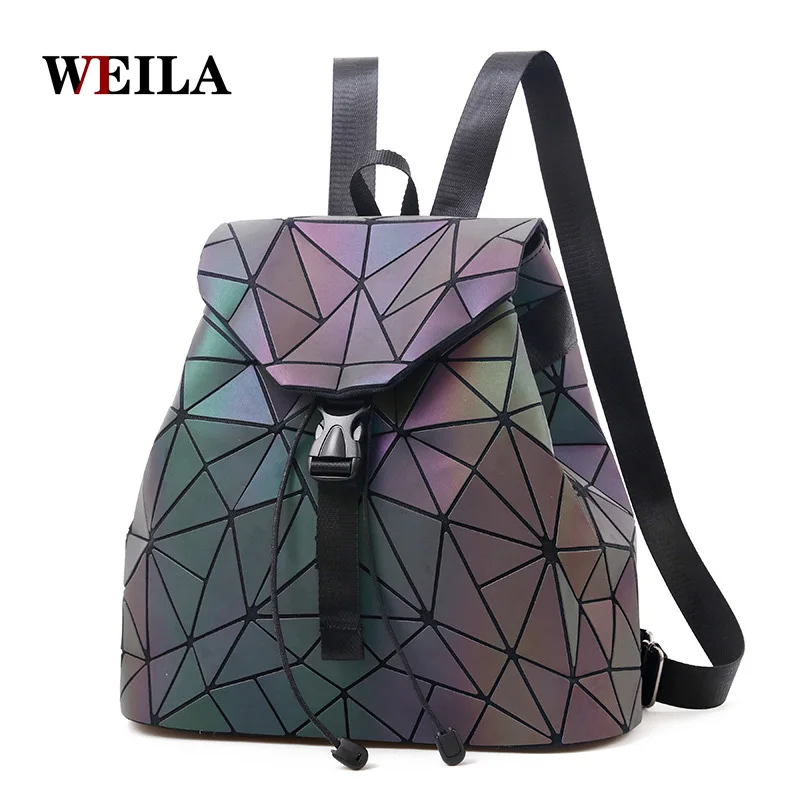 

Fashion Luminous Backpack Women Leather Geometric Backpacks Diamond Lattice Drawstring Backpacks Holographic Backpack Purse 2018