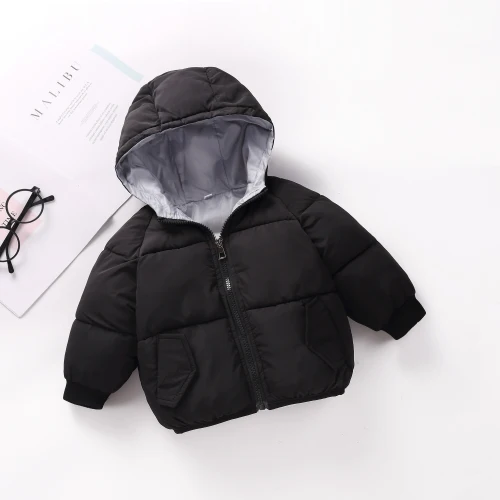Куртка для маленьких мальчиков и девочек зимняя теплая От 1 до 6 лет верхняя одежда с надписями весеннее пальто с фруктовым принтом детская одежда на хлопчатобумажной подкладке с капюшоном - Цвет: Черный
