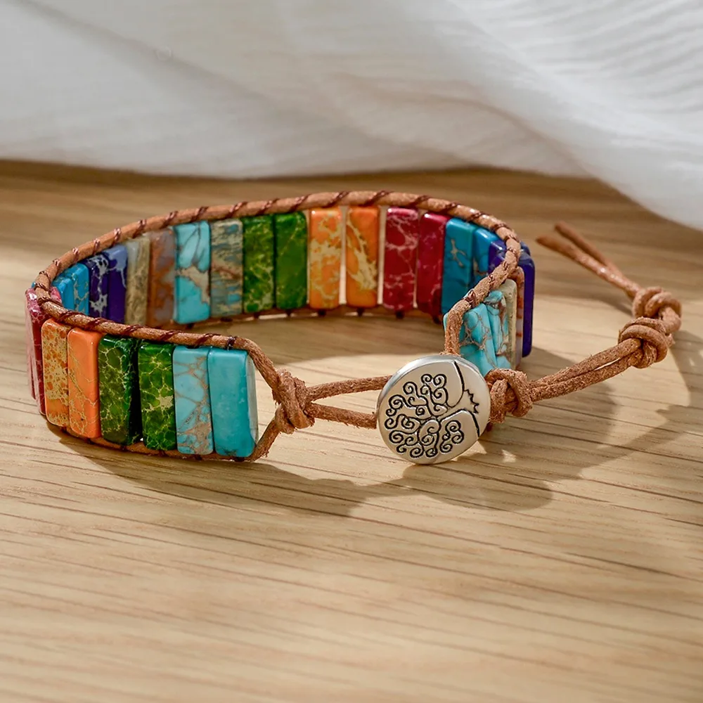 Браслет из натурального камня ручной работы, разноцветный браслет из чакры, ювелирные изделия из бусин, кожаный браслет, креативные подарки, Парные браслеты