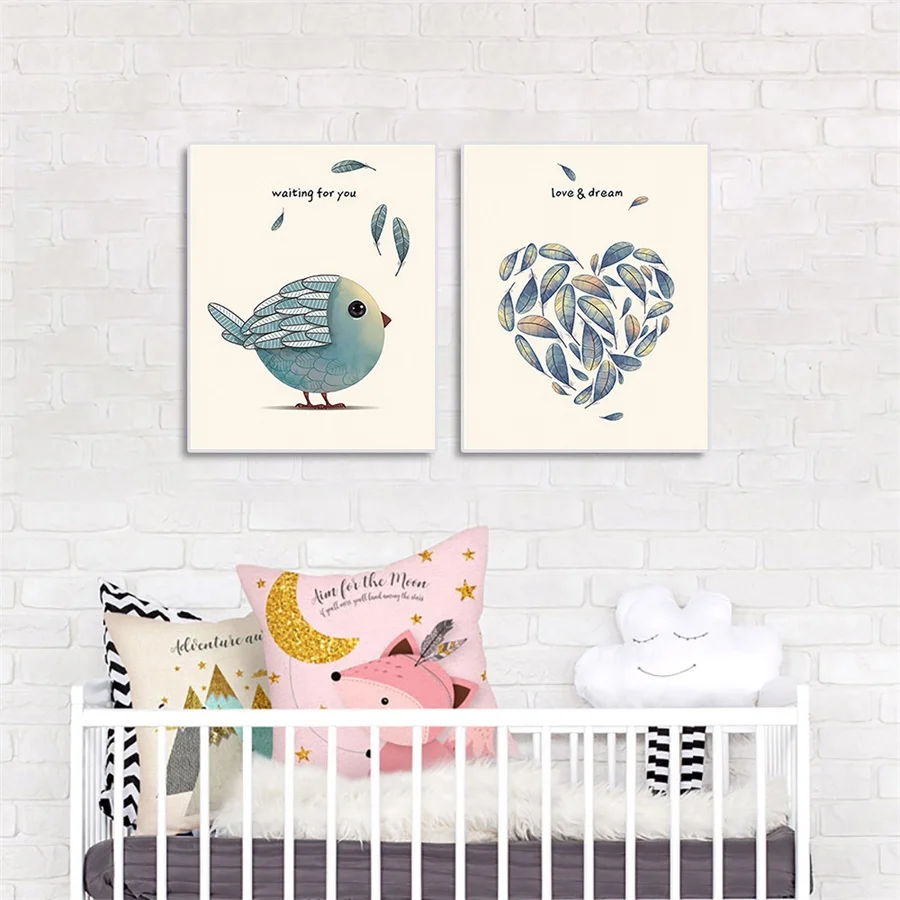 

Laeacco Love&Dream Wall Art Cartoon Bird Posters and Prints Painting on the Wall Canvas Painting Nordic Living Room Home Decor