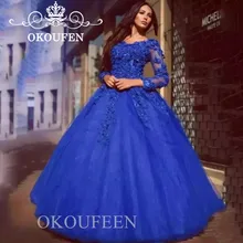 Золушка Королевское голубое праздничное платье с длинными рукавами 3d-цветочная Аппликация Кружевное платье на выпускной в языческом стиле Vestido De 15 Anos