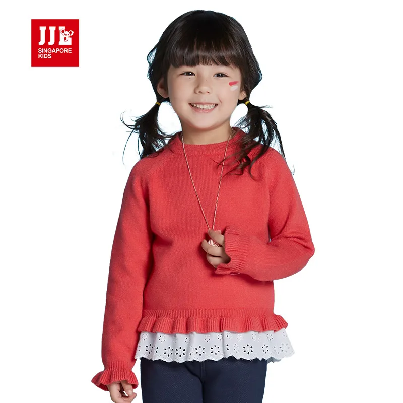 girls sweater kids 2016 pullover children sweater lace hem solid color