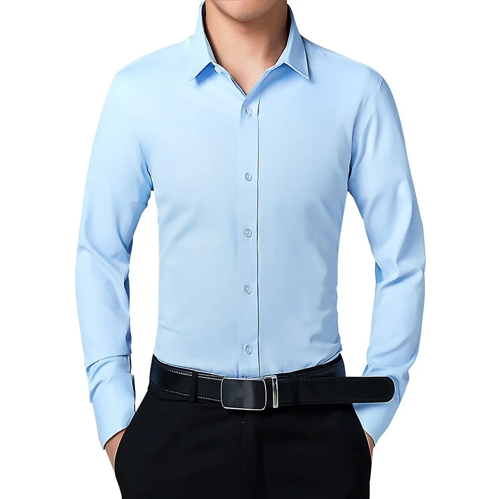 Feitong Slim Business Shirt Men Fashion Style Body-Building Solid Black White Blue Pink Long-Sleeved Autumn All Match Shirts