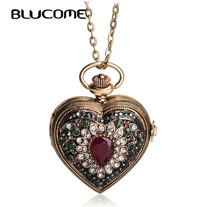 

Blucome Vintage Flower Love heart Shape Necklace Crystal Resin Turkish Antique Gold-color Pocket Watch Sweater Pendant Necklace