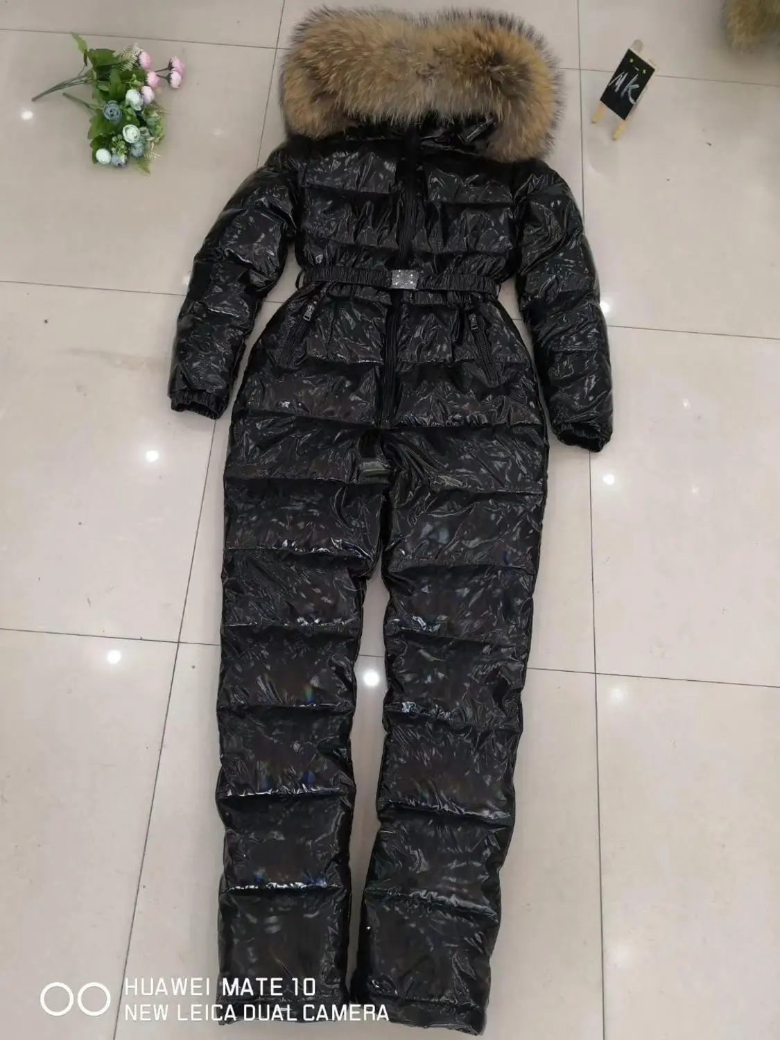 Женский комбинезон с капюшоном зимний из натурального меха Размеры M L XL