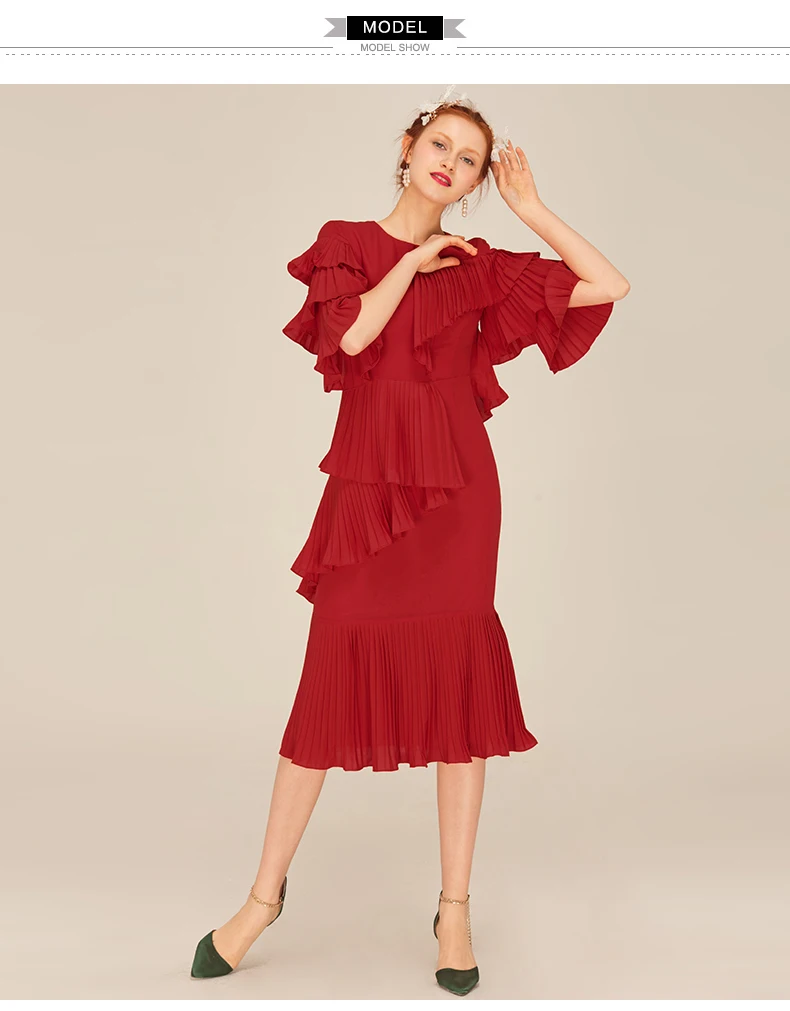 YIGELILA 62436 модное женское красное платье с оборками, однотонное повседневное шифоновое плиссированное платье средней длины с круглым вырезом и расклешенными рукавами