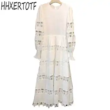 

2019 Spring summer Runway Designer Maxi Long Dress Women Vintage Elegant Long Sleeve White Hollow Out Patchwork Dress
