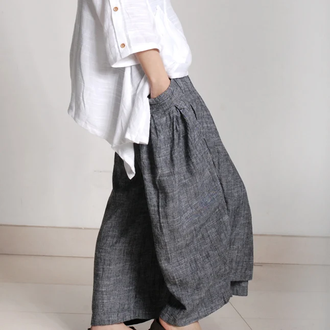 

2019 Spring Women's Pants Faux Two Piece Culottes Cotton Linen Wide Leg Pants Loose Vintage Solid Color All-match Pants Plus Siz