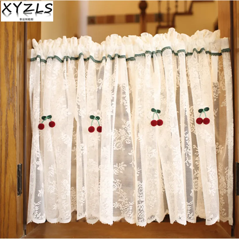 

XYZLS British Style Cherry Lace Embroidered Kitchen Curtains Cafe Curtain Short Door Curtain Cupboard Tulle Screen Window Decor
