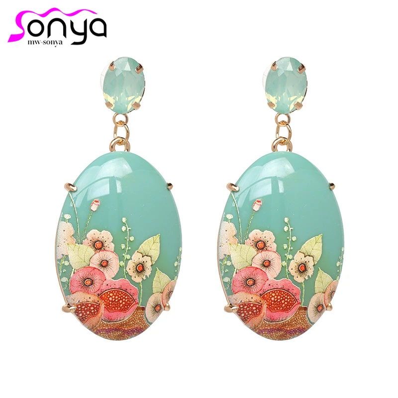 

New Arrival Vintage Drop Earrings for Women Flower Printed Acrylic Material Female Ear Jewelry Best Birthday Gift ET534