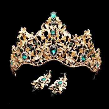 

Baroque Vintage Green Rhinestone Princess Tiara And Crown Crystal Bridal Hair Accessories Queen Wedding Diadem For Bride Women