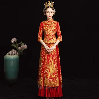 

Oriental Style Dresses Chinese Antiques For Sale Red Qipao Wedding Dress Traditional Cheongsam Women Phoenix Embroidery Vintage