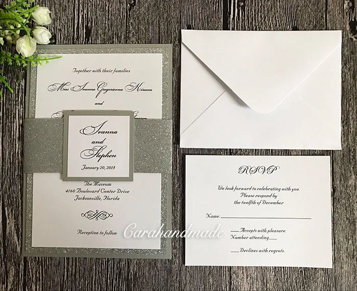 Cheap Bespoke Gold or Silver Glittering Wedding Invitations with RSVP 4