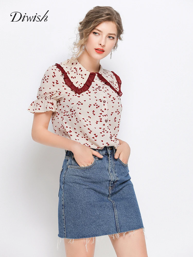 

Diwish Women Sweet Summer Blouse 5XL Plus Size 2019 Hearts Print Short-sleeved Peter Pan Collar Ruffles Shirt Streetwear Top