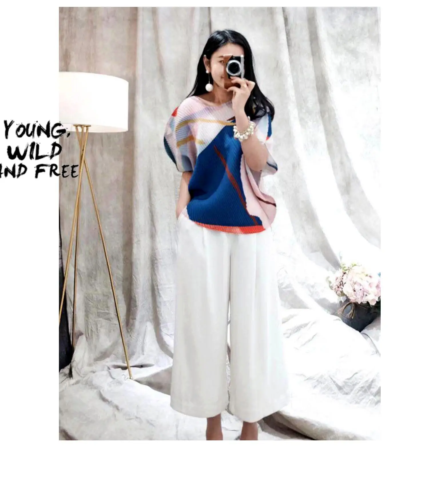 Changpleat летние новые принтованные женские футболки топы Miyak плиссированные Модные свободные с круглым вырезом Большие размеры женские короткие футболки