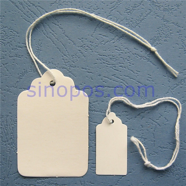 Strung White Merchandise Price Tags, blank scalloped paper ticket