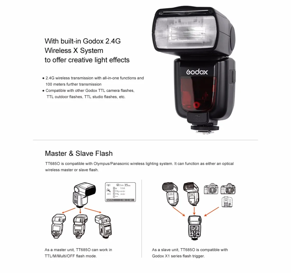 Godox TT685O 2,4G Беспроводной HSS ttl Вспышка Speedlite+ Z кронштейн штатива головы для видеокамеры Olympus E-M10II/E-M5II/E-M1/E-PL8/E-PL7E-PL6