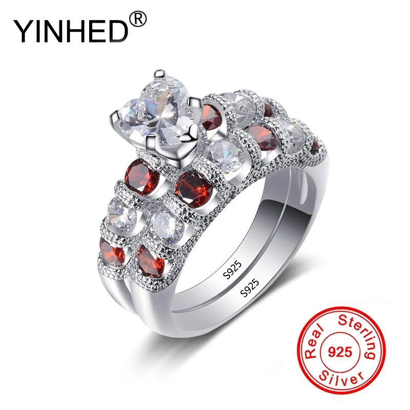Комплект колец YINHED ZR522 женских из серебра 925 пробы с красным и белым фианитом |