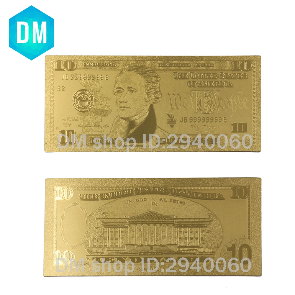 Горячая продажа 24k Золотая банкнота USD Позолоченные поддельные деньги 10 долларов