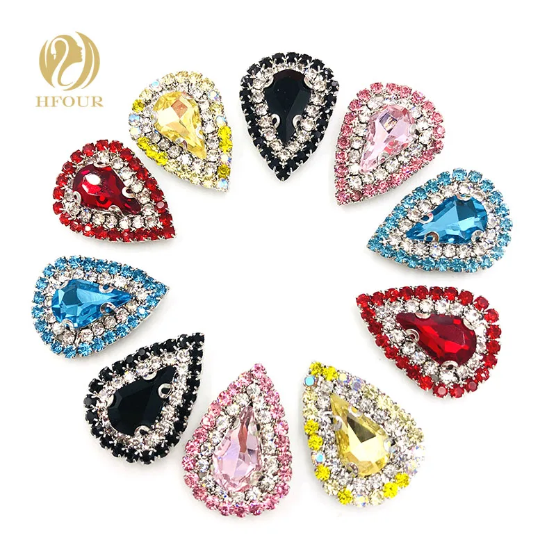 

10pcs/pack Silver bottom double row rhinestone chain Crystal buckle Teardrop Sew On rhinestone DIY hair clips /Bags/Garment