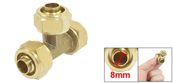 8mm x 12mm Tube Pneumatic T Shaped 3 Ways Quick Adapter Connector Brass Tone