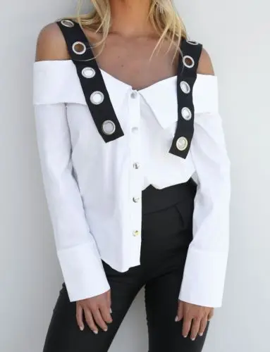 Hot Sexy Women Lady Summer Long Sleeve Strappy Cold Shoulder Casual Shirt Tops Blouses Outwear