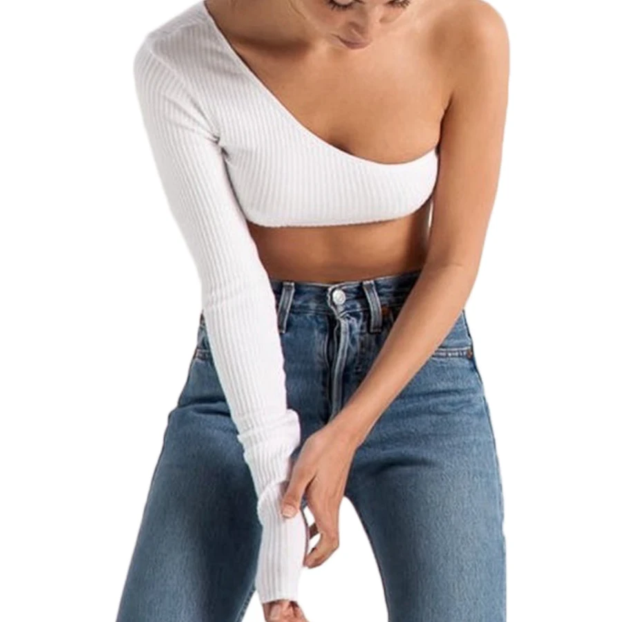 2017 Women Crop Top Summer One Shoulder One Long Sleeve Short Tops Sexy