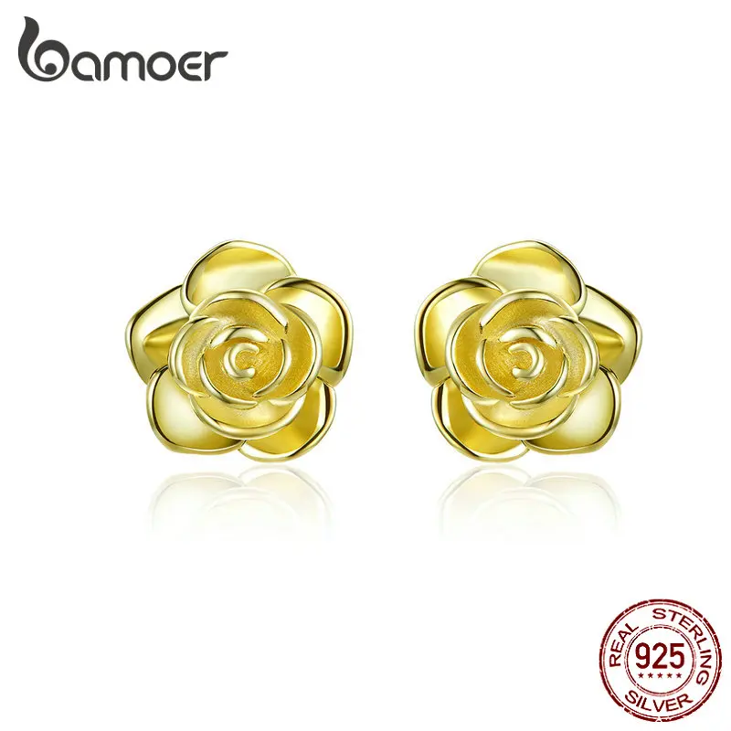 

bamoer 3D Print Rose Flower Stud Earrings 925 Sterling Silver Floral Hypoallergenic Earring for Girl Gold Color Jewelry SCE646