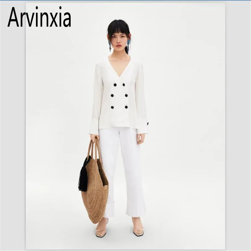 

Arvinxia ZA Casual Solid Button Women Shirts New Comfortable Deep V-Neck Woman Loose Tee Sexy Long Sleeve Button Decoration Top