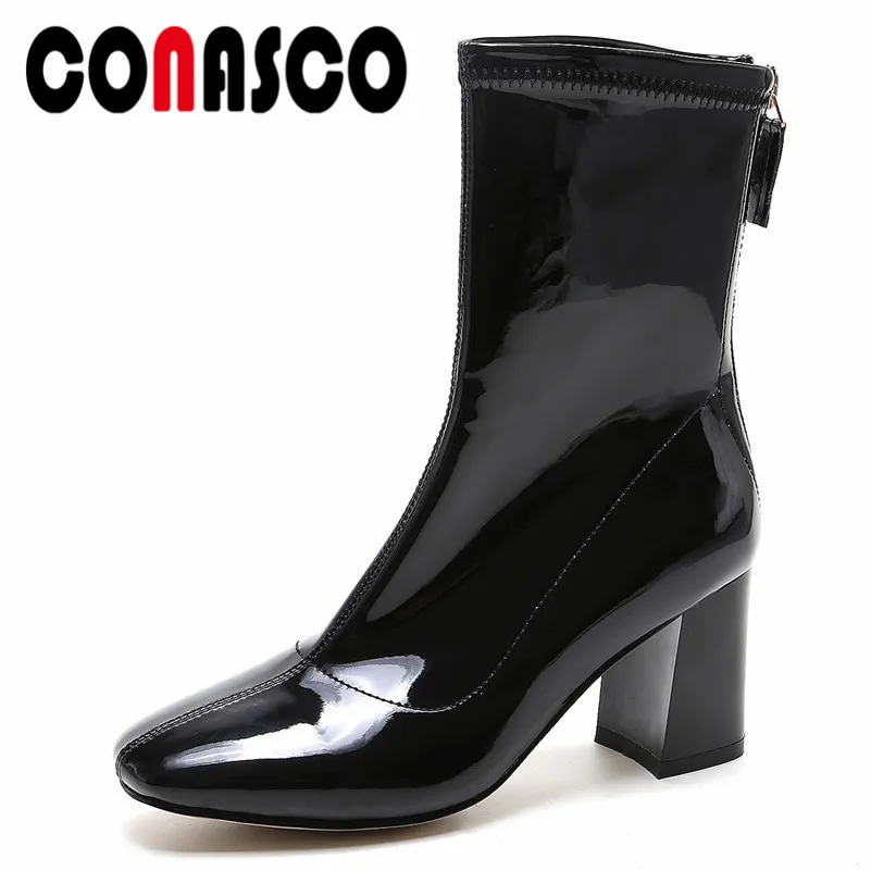 

CONASCO Brand Women Mid-calf Boots Thick High Heels Zipper Patent Leather Night Club Party Shoes Woman Round Toe Martin Boots