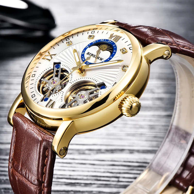 

BINSSAW New Men Double Tourbillon Automatic Mechanical Watch Fashion Luxury Brand Leather Gold Sport Watches Relogio Masculino