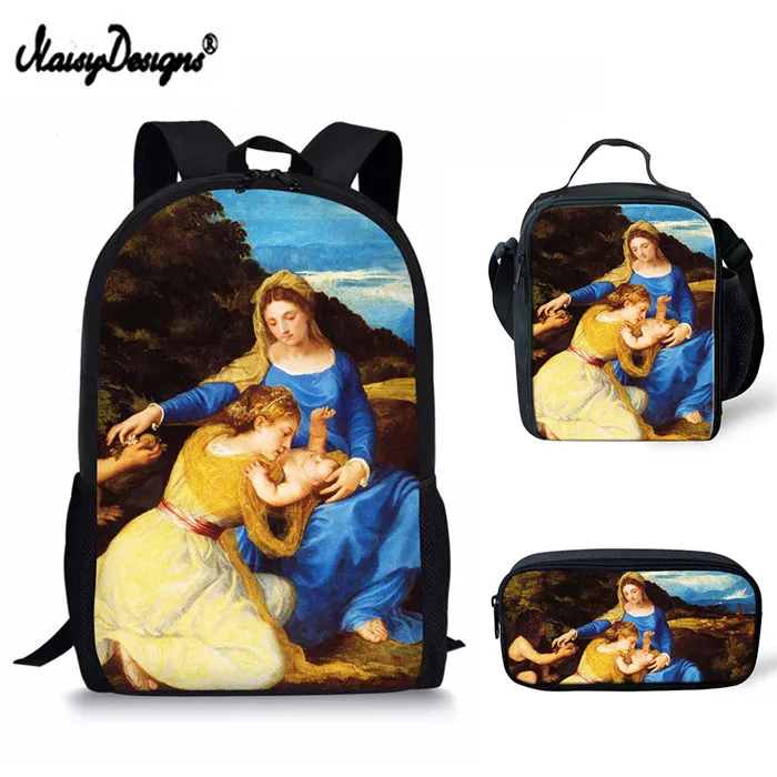 Набор из 3 предметов для мальчиков, школьные сумки для детей, знаменитый рюкзак с рисунком маслом для подростков, женский рюкзак, студенческий пенал для девочек, Ланчбокс - Цвет: 3pcs school bag set