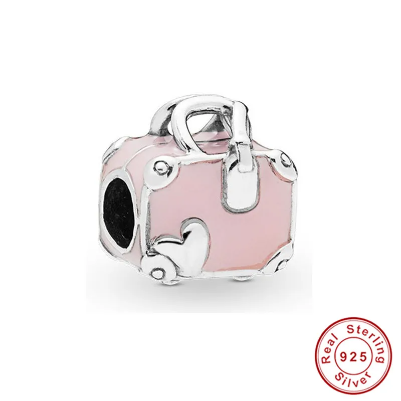 Fit Pandora браслет серебро 925 розовый эмаль дорожная сумка ботинок бусины S925 милые сердце багажник подвески для DIY ювелирных изделий