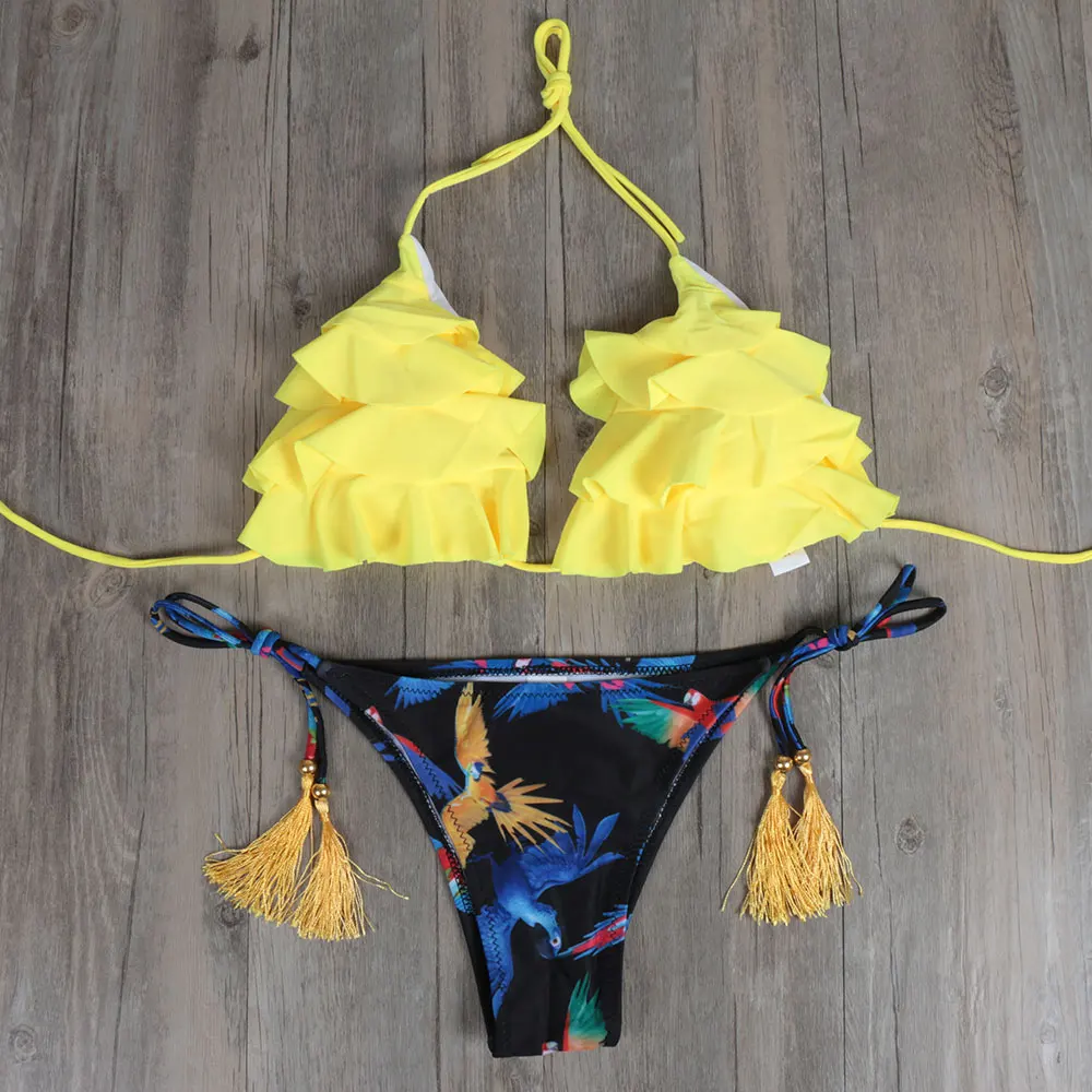NEW Sexy Brazilian Bikini Set 2018 Black Palm Tree Reversible Bikini