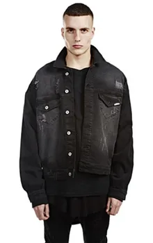 

Hi-Street Men Ripped Ribbon jeans Jackets coats washed black good quality Denim Man Slim Fit Streetwear HipHop Vintage Jacket