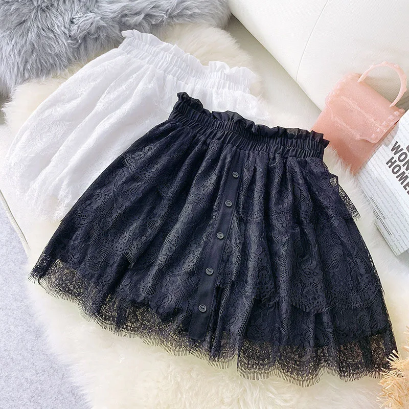 

Lace Mini Summer Shorts Skirt Womens Black White Ladies Elegant High Waist A-Line Pleated Sun School Short Skirt Girls Female
