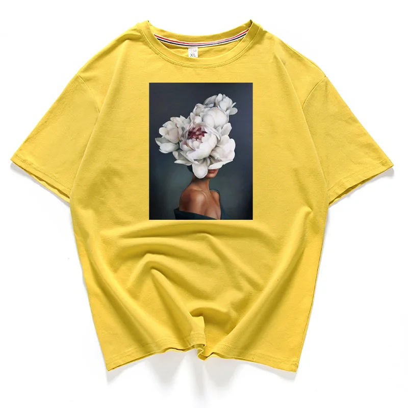 95% Хлопковая женская футболка с цветочным принтом и перьями, летняя футболка с коротким рукавом и круглым вырезом, футболка с принтом Харадзюку, Повседневная модная женская футболка - Цвет: Многоцветный