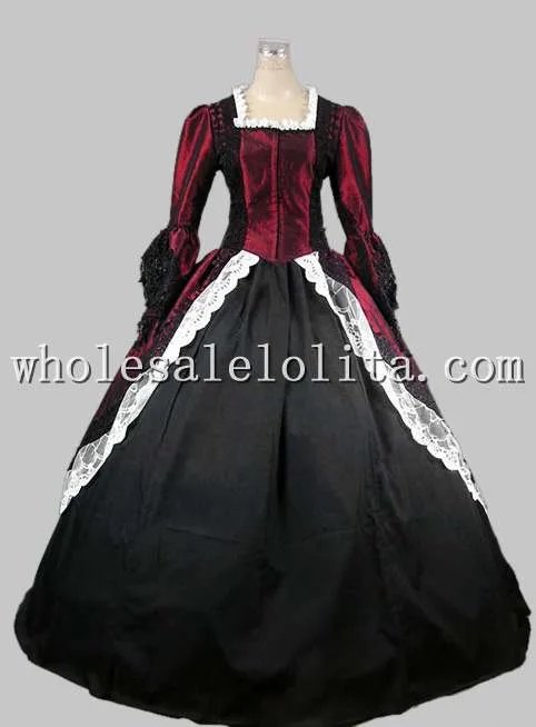 18th века готический цвет красного вина и черные Мария Антуанетта период платье Производительность Костюмы Хеллоуин костюм