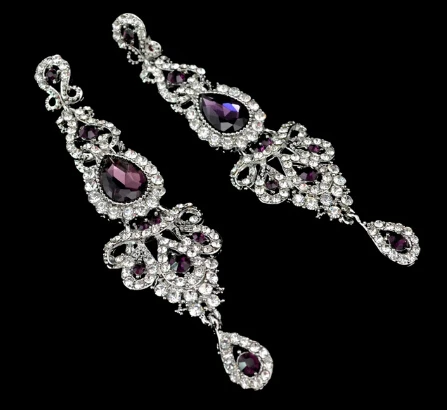 Австрийские хрустальные стразы, длинные висячие серьги в форме цветка, свадебные украшения для женщин, подружки невесты, серебряные, черные, синие - Окраска металла: 3421 Purple