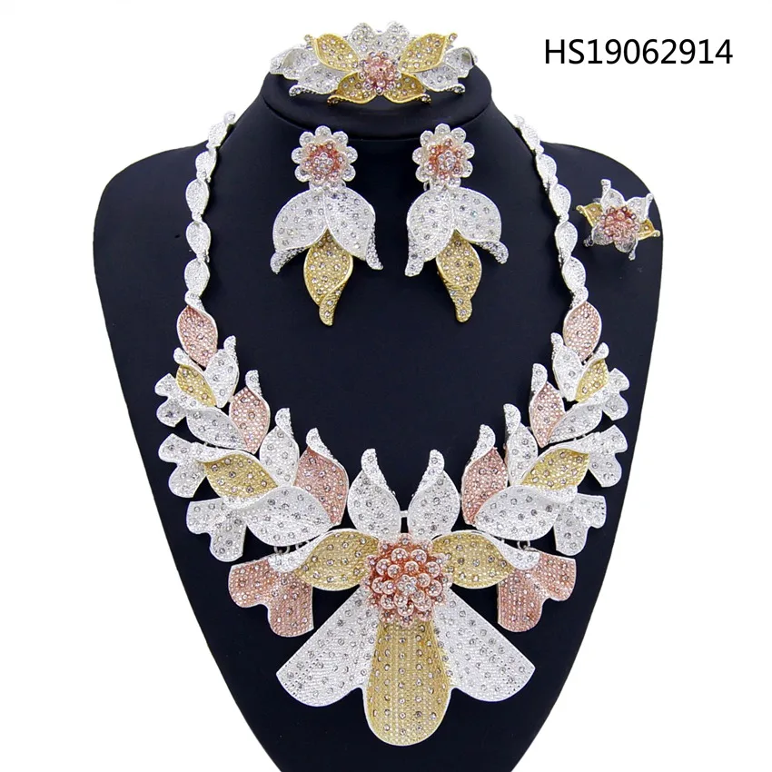

Yulaili Luxury Fashion Silver Big Flower Crystal Necklace Earrings Nigeria Bridal Wedding African Dubai Jewelry Sets for Women