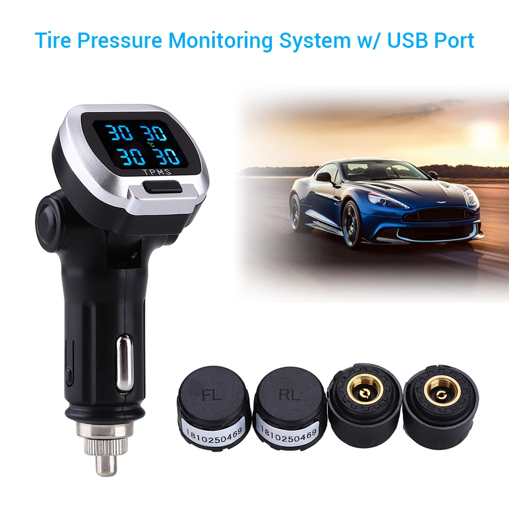 

Tire Pressure Alarm Monitoring System LCD TPMS 12V Digital Tire Pressure Alarm External Sensor With USB Port