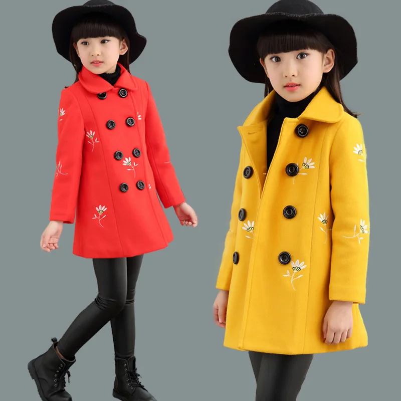 

Girls woolen coat jacket new style autumn and winter fashion children's wear children's long red yellow woolen coat